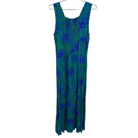 90s Betsy Lauren Maxi Dress Size 12 Floral Sleeveless Button Up Green Blue Boho - Picture 2 of 6